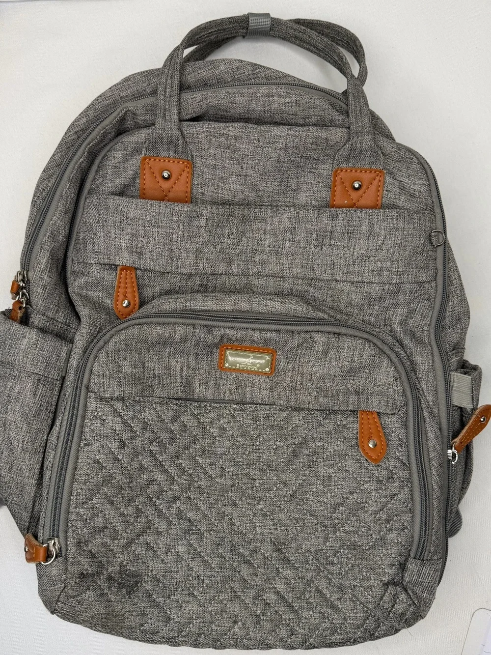BabbleRoo Gray Baby Bag Backpack with Tan Accent Details